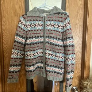 L.L. Bean Gray and Pink Snowflake Sweater Wool Zip Up